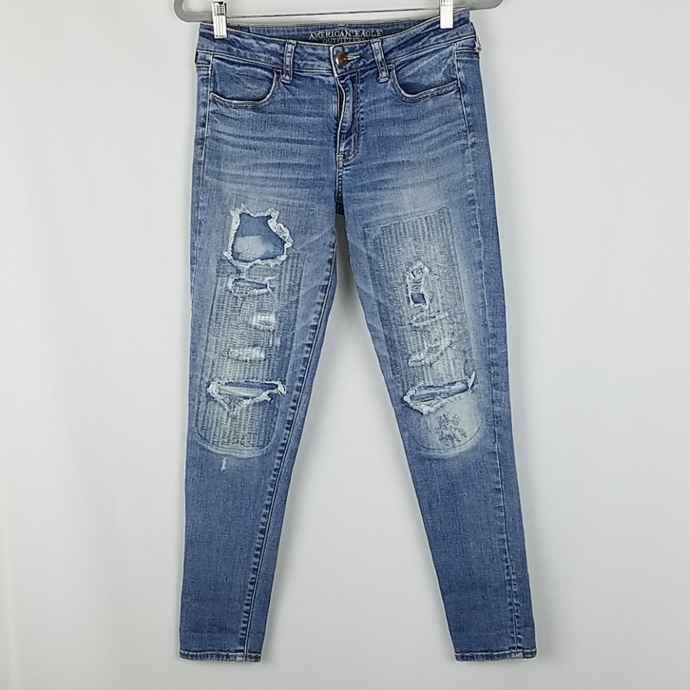 American Eagle Outfitters women‎ jeans super stretch jegging distressed patched
